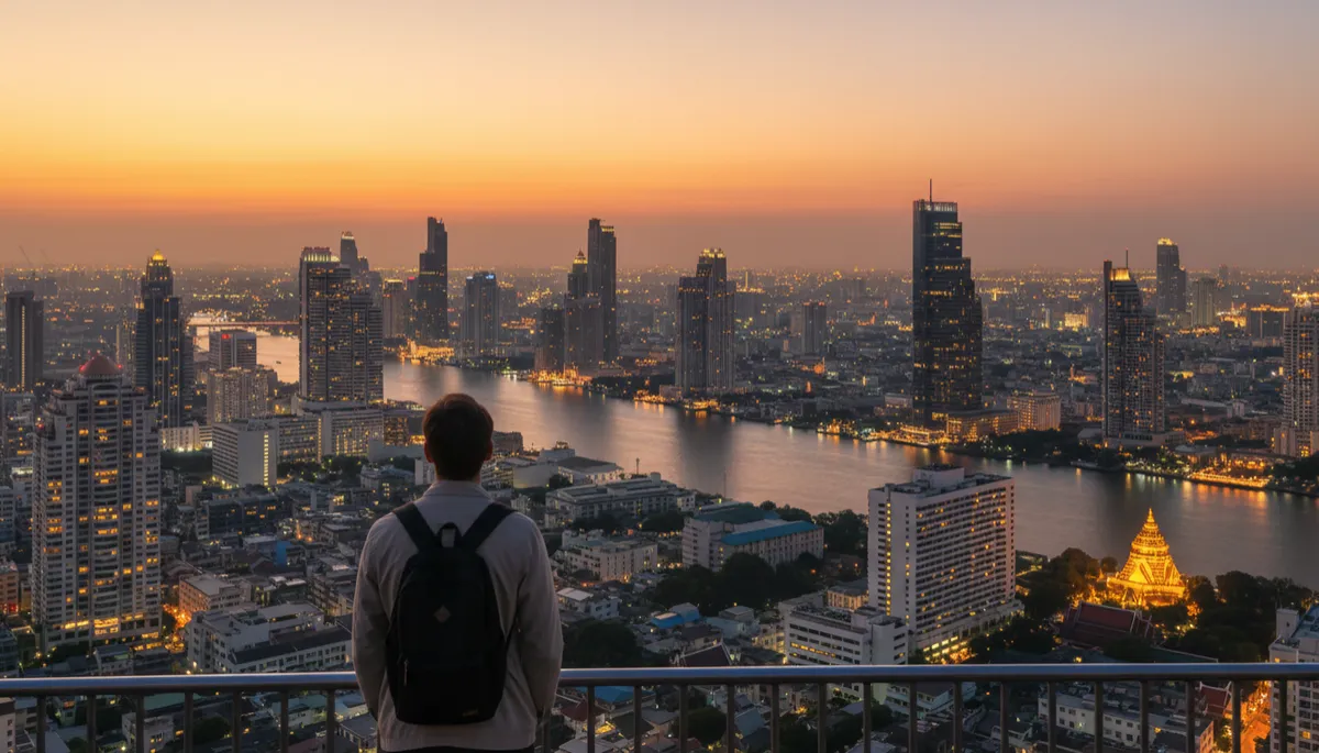Una fotografía realista de un viajero de espaldas observando el skyline iluminado de Bangkok al atardecer desde un mirador alto, con el río Chao Phraya serpenteando entre los edificios, en tonos neutros y cálidos.