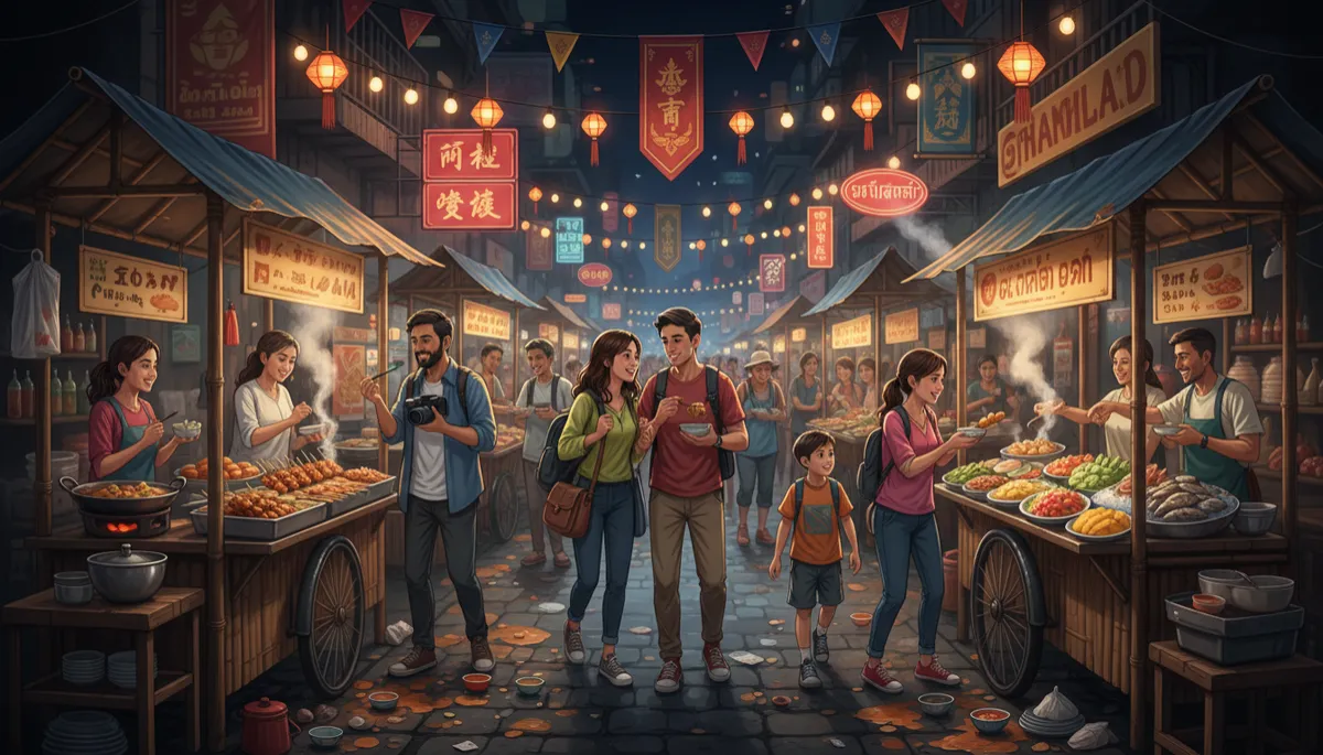 Imagen realista de un mercado nocturno en Tailandia, con puestos de comida callejera, platos típicos tailandeses y viajeros probando diferentes comidas en un ambiente bullicioso y colorido.