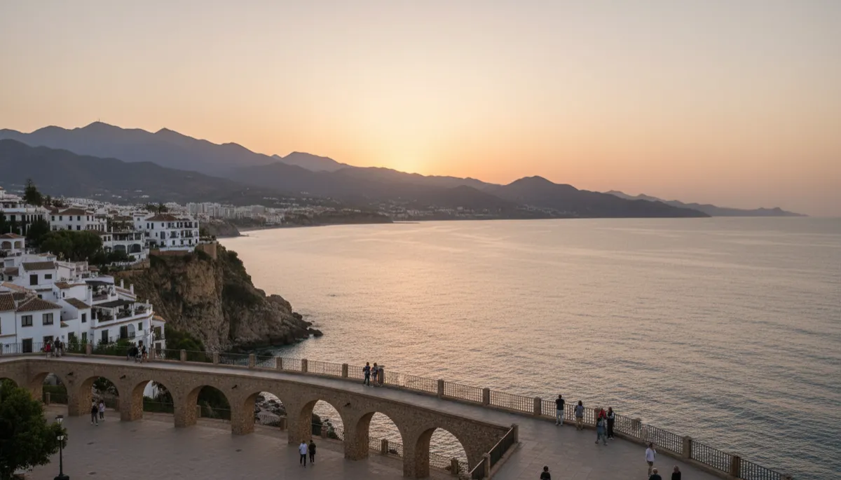 realistic panoramic view of Nerja at sunset from the Balcón de Europa, cliffs and Mediterranean Sea in soft neutral tones, people strolling along the promenade, white houses and mountains in the background