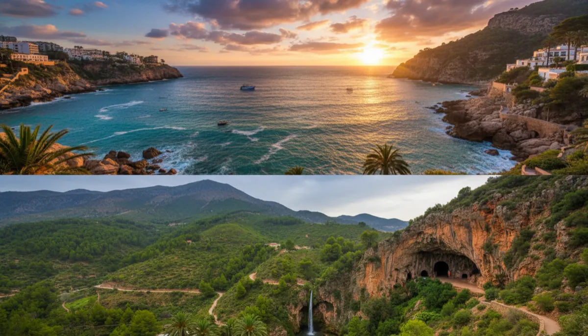 Vista panorámica de Nerja al atardecer desde el Balcón de Europa.