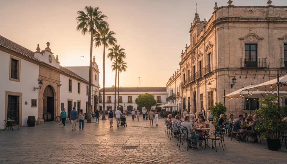 Vista realista al atardecer de una plaza histórica de Jerez de la Frontera, con una bodega tradicional a la izquierda, palmeras altas, fachada de piedra clara, gente paseando relajada y una terraza con mesas al aire libre, luz dorada suave y tonos neutros cálidos