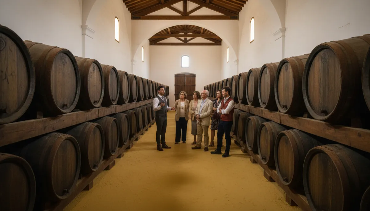 Interior de una bodega de Jerez con botas de vino y visitantes