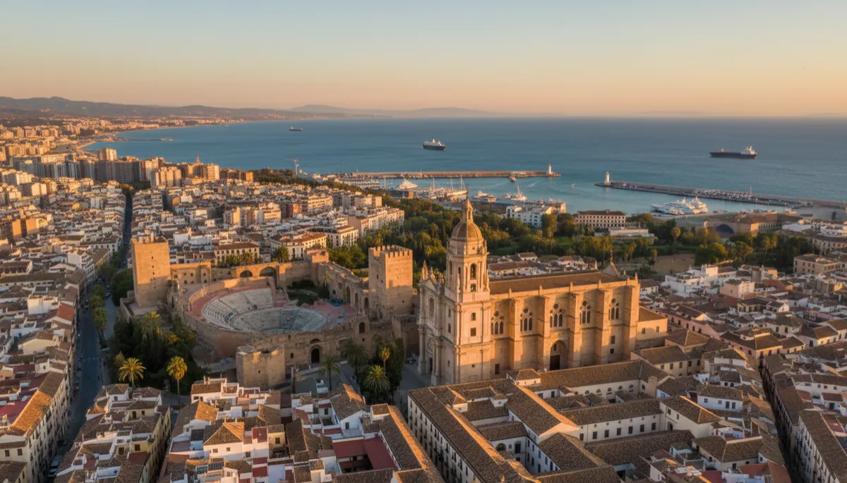 photorealistic aerial sunset view of Malaga historic center with the cathedral tower, Alcazaba fortress and Roman theatre in the foreground, Mediterranean Sea and port in the background, soft neutral color tones and warm golden light