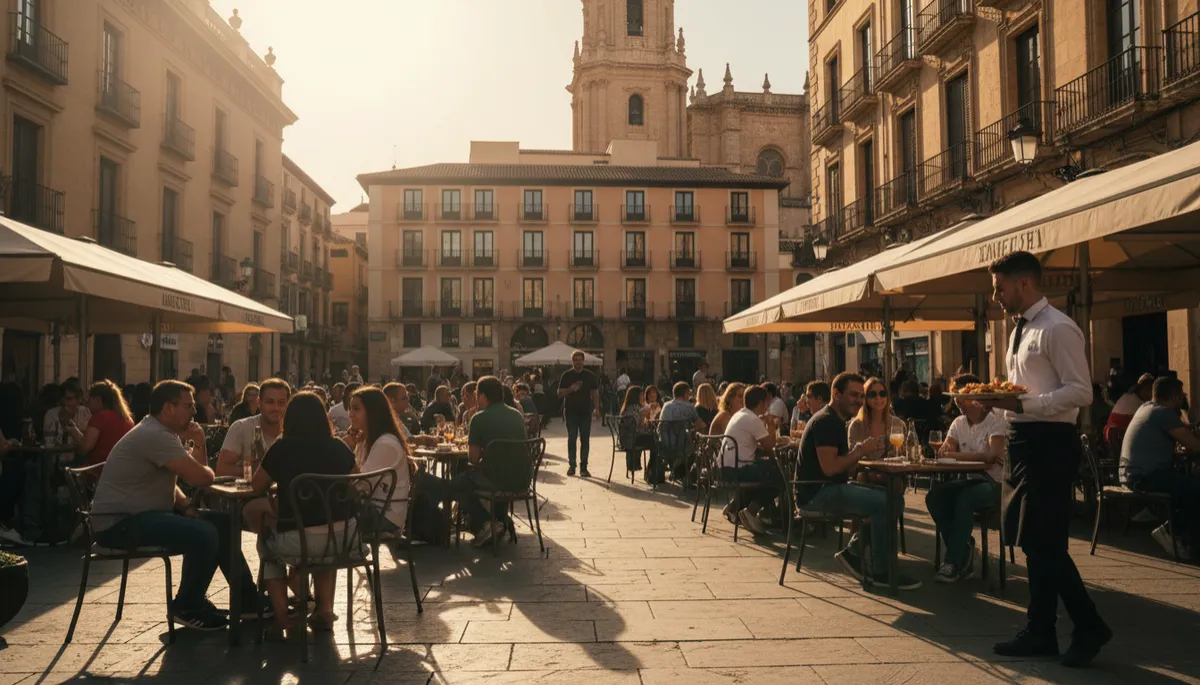 Plaza fotorealista en el centro histórico de Málaga con terrazas llenas de gente al atardecer