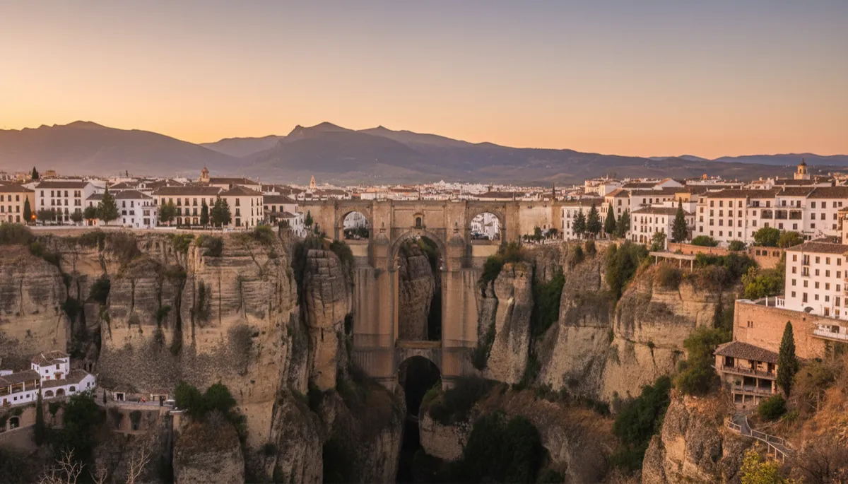 Vista panorámica realista de Ronda al atardecer, mostrando el Puente Nuevo cruzando el profundo desfiladero del Tajo, casas blancas encaramadas al borde del acantilado y montañas suaves al fondo bajo una luz dorada y neutra