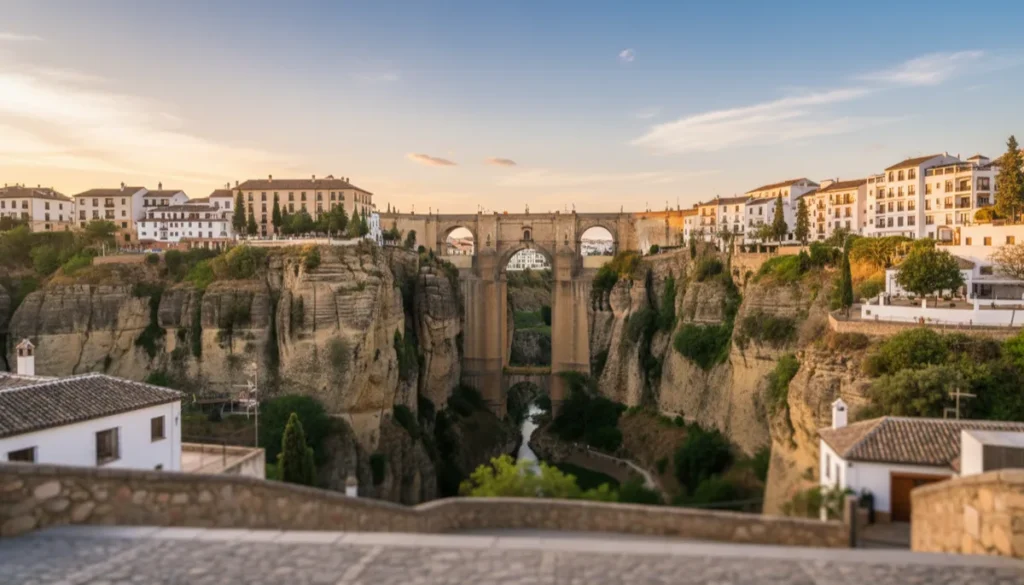 Vista panorámica de Ronda al atardecer con el Puente Nuevo