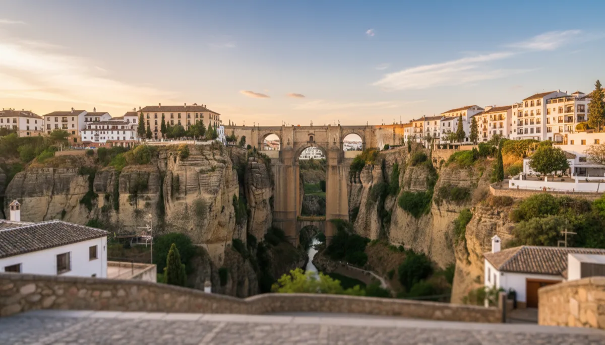 Vista panorámica de Ronda al atardecer con el Puente Nuevo
